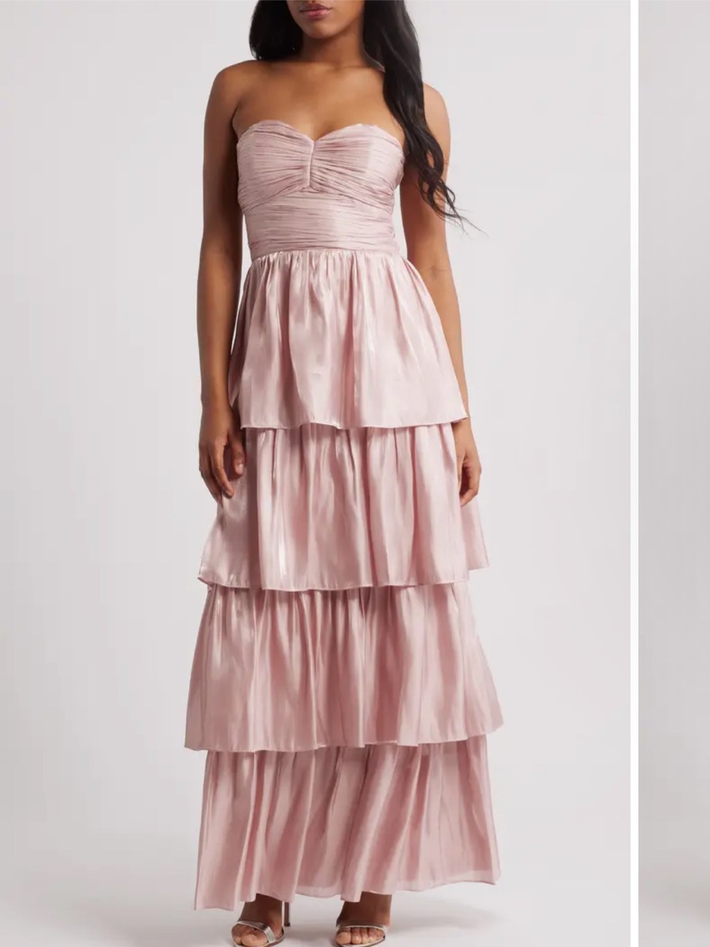 Lulus Strapless Pink Tiered Satin Maxi Dress